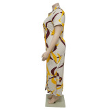 Summer Fashion Printed Short Sleeve Slit Shirt Maxi Dress Plus Size Dress