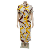 Summer Fashion Printed Short Sleeve Slit Shirt Maxi Dress Plus Size Dress
