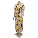 Summer Fashion Printed Short Sleeve Slit Shirt Maxi Dress Plus Size Dress