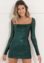 Sexy Long Sleeve Solid Color Sequin Evening Dress Slim Bodycon Dress