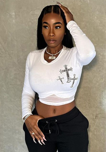 Women Cross Printed Mesh Crop T-Shirt