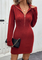 Women Knitting Stand Collar Zipper sweater dress