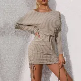Women Ribbed Drawstring Bat Sleeves Long Sleeve Bodycon Dress