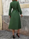 Women autumn Turndown Collar green long-sleeved Solid dress