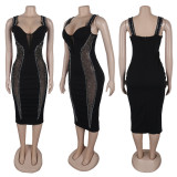 rhinestone hollow see-through slim-fitting strap dress