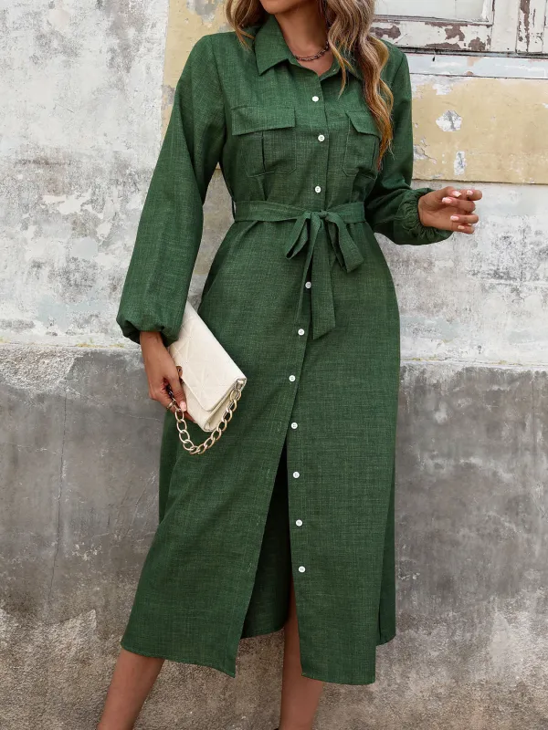 Women autumn Turndown Collar green long-sleeved Solid dress