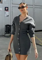 Women Sexy V Neck Knitting Long Sleeve Dress