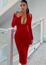 Women Autumn and Winter V Neck Halter Neck Off-shoulder Long Sleeve Evening Dress