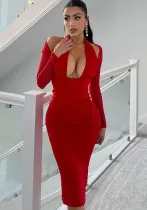 Women Autumn and Winter V Neck Halter Neck Off-shoulder Long Sleeve Evening Dress