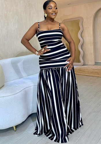 Women Autumn Suspender Contrast Striped Maxi Dress