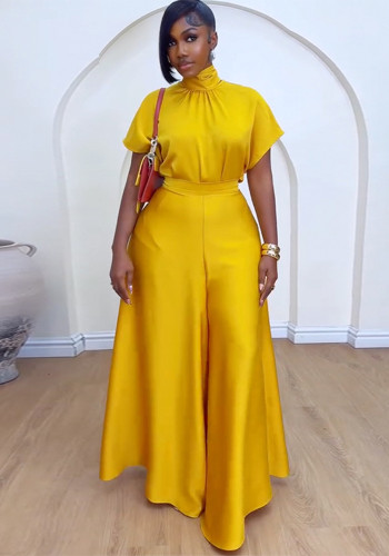 Women lace-up Stand Collar Bat Sleeves shirt And wide-leg pants two-piece suit