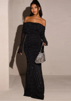 Autumn And Winter Sexy Chic Slim Sequin Off Shoulder Long Dress