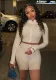 Women's Zipper Ribbed Sexy Tight Fitting Long Sleeve Two-Piece Shorts Set