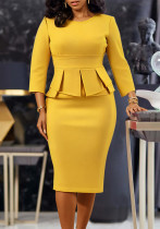 Women's Fall Round Neck Ruffle Solid Color Bodycon OL African Dress