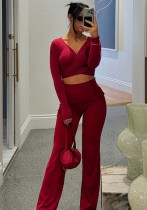 Autumn And Winter Solid Color Casual Long-Sleeved Top Strapless Top Bell Bottom Pants Three-Piece Set