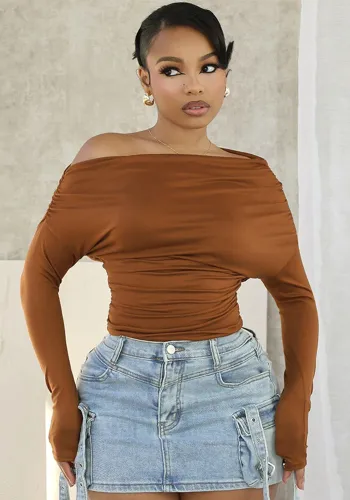 Women's Slim Off Shoulder Long Sleeve Pleated Fashion T-Shirt Top