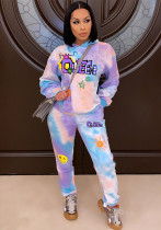 Women's Fashion Multi-Color Tie-Dye Letter Printed Hooded Sports Casual Two Piece Pants Set