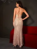Sexy Low Back Strap Sequin Women's Evening Dress