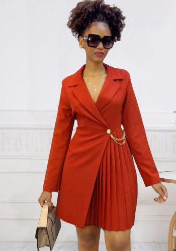Autumn Winter Sexy Slim Waist Pleated Turndown Collar African Dress