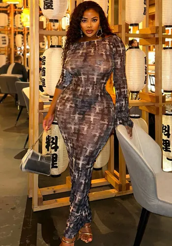 Women Sexy Round Neck Long Sleeve Hollow Dress