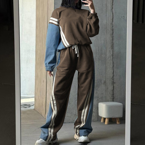 Women American sports style contrast striped top and trousers Two Piece Set