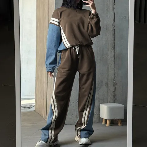 Women American sports style contrast striped top and trousers Two Piece Set