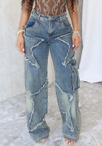 Women star tassel fur edge Denim Pants