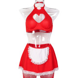 Christmas Women New Year Red Maid Costume Halter Neck Heart Print Hollow Sexy LingerieSet