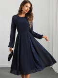 Women Sexy Long Sleeve Chiffon Patchwork Lace Evening Dress