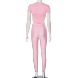 Women solid round neck short sleeve T-shirt top and Pant two-piece set