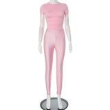 Women solid round neck short sleeve T-shirt top and Pant two-piece set