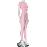 Women solid round neck short sleeve T-shirt top and Pant two-piece set