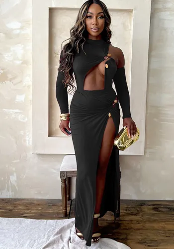 Women one-shoulder long sleeve sexy hollow bodysuit and slit SkirtTwo Piece Set