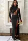 Women one-shoulder long sleeve sexy hollow bodysuit and slit SkirtTwo Piece Set