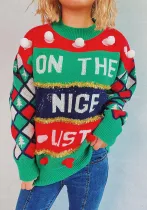 Christmas Women Letter Jacquard Gold Thread Stripe Knitting Round Neck Sweater