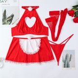 Christmas Women New Year Red Maid Costume Halter Neck Heart Print Hollow Sexy LingerieSet