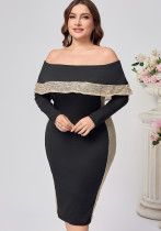 Plus Size Women Off Shoulder Long Sleeve Sequin Sexy Dress