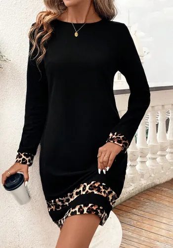 Women Round Neck Long Sleeve Leopard Print Dress