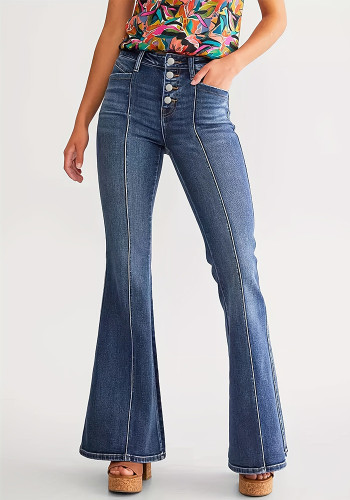 Women Button Bell Bottom Stretchy Denim Pant