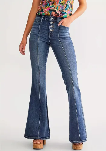 Women Button Bell Bottom Stretchy Denim Pant