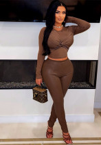 Women long sleeve stretchy pu Leather Top And PantTwo Piece Set