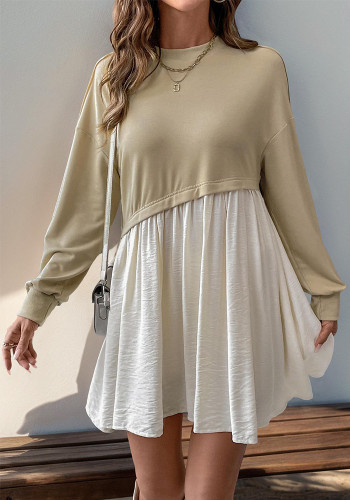 Autumn Winter Round Neck Patchwork Casual Long-Sleeved Dress