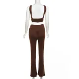 Autumn Winter Sexy Crop Short Vest Solid Color High Waist Flared Trousers Two Piece Set For Women