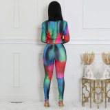 Fashionable Autumn Print Zipper Long Sleeve Slim Fit Two-Piece Pants Set