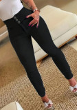 Black Elastic Tight Fitting Button Zipper Denim Women's Tight Pants