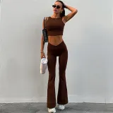 Autumn Winter Sexy Crop Short Vest Solid Color High Waist Flared Trousers Two Piece Set For Women