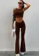 Autumn Winter Sexy Crop Short Vest Solid Color High Waist Flared Trousers Two Piece Set For Women