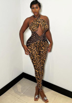 Women's Autumn Winter Mesh Patchwork Leopard Low Back Sexy Jumpsuit