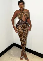 Women's Autumn Winter Mesh Patchwork Leopard Low Back Sexy Jumpsuit