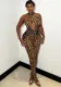 Women's Autumn Winter Mesh Patchwork Leopard Low Back Sexy Jumpsuit
